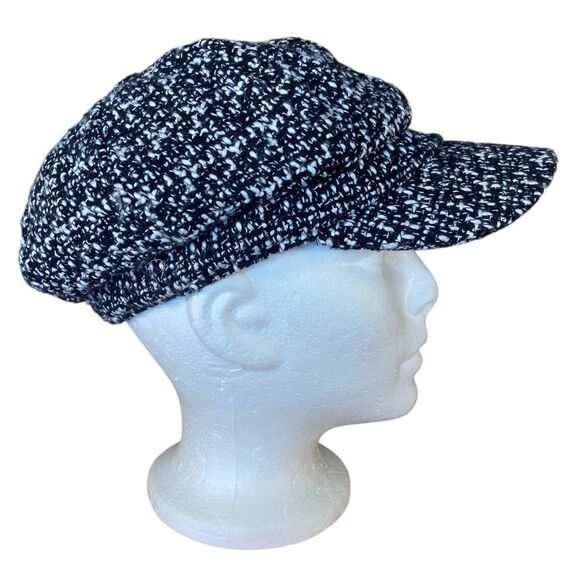 News Boy Cap Black White Tweed Hat with Rhinestone Applique Fully Lined - Picture 5 of 8